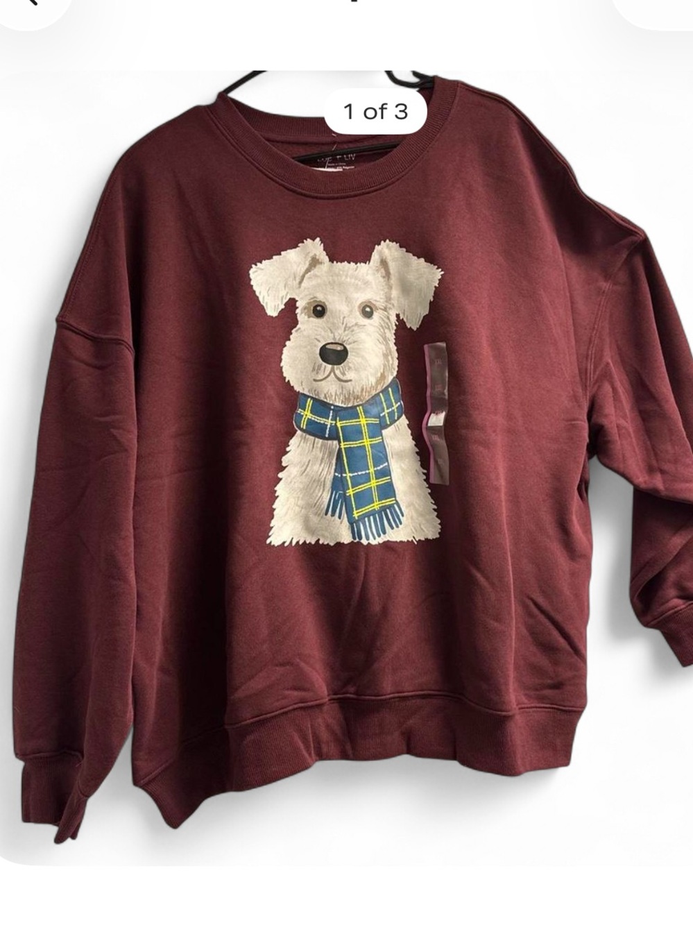 Zoe + Liv Burgundy Sweatshirt with Dog Graphic and Blue Plaid Scarf